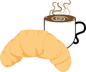 Une illustration d'un croissant accompagné d'un café.